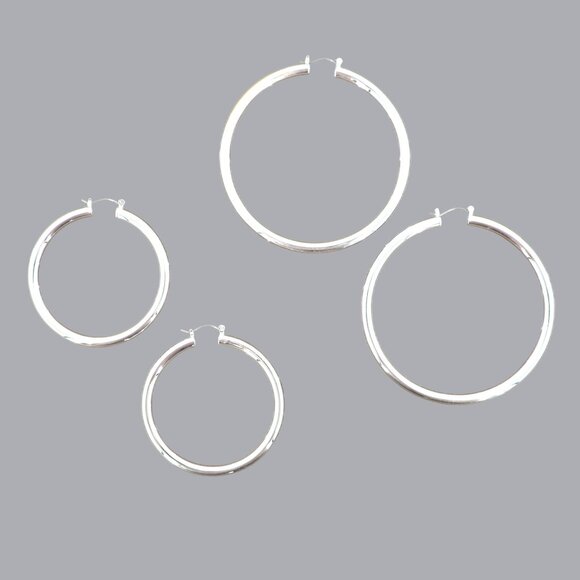 Crystal Avenue Premium Genuine Brass Hoop Set Of 2 Womens Silver Minimalist NWOT - Picture 1 of 5